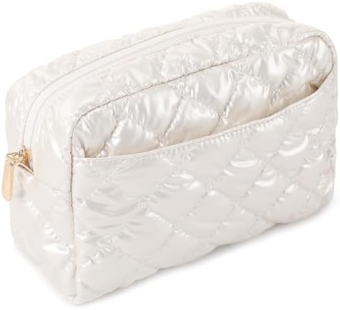 Veki Cotton Checkered Makeup Bag for Women, Puffy Quilted Cosmetic Bags for Purse, Small Travel Toiletry Bag, Mini Cute Make up Pouch Quilted Makeup Organizer Bag with Zipper for Travelling (White)