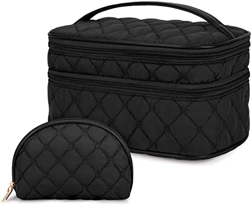 NUBILY Makeup Bag Portable Travel Cosmetic Bag with Handle Large Double Layer Toiletry Bag 2Pcs Waterproof Make Up Bag for Women and Girls, Black