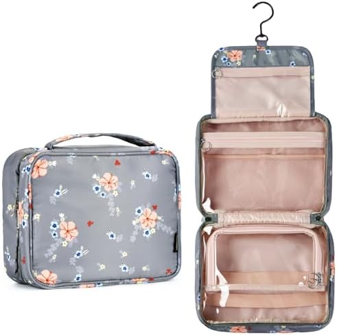 Toiletry Bag for Women, Large Hanging Travel Makeup Bag Water-resistant for Toiletries/Cosmetics/Brushes (Small gray flower-V2)