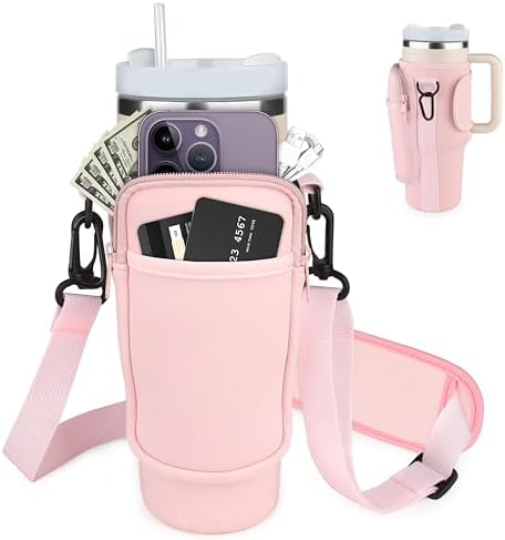 Water Bottle Holder with Strap Fits for Stanley Quencher 40 Oz Tumbler With Handle, Water Bottle Carrier Bag For Hiking Walking Travelling Camping (Rose Quartz)