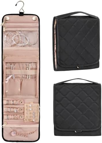 Travel Jewelry Organizer Case Jewelry Travel Pouch for Rings Storage, Earrings, Necklaces, Bracelets, Brooches, Foldable Travel Jewelry Roll Hanging Jewelry Bag Roll (Black, Small)