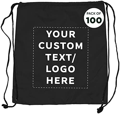 DISCOUNT PROMOS Custom Classic Polyester Drawstring Bags Set of 100, Personalized Bulk Pack – Bring Everywhere You Go, Great for Travelling, Gym and for Everyday Use – Black