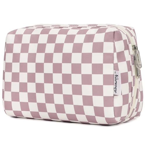 Large Makeup Bag Zipper Pouch Travel Cosmetic Organizer for Women (Large, Dusty Rose Checkerboard)