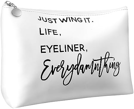 Makeup Bag Cosmetic Bag for Women, Small Unique Funny Makeup Bag for Purse, PU Leather Just Wing it Life Makeup Pouch with Zipper, Travelling Make Up Bag Gifts for Women Friend Sisters Wife