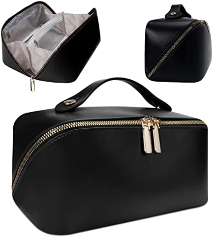 2023 New Large Capacity Travel Cosmetic Bag, PU Leather Waterproof Portable Cosmetic Bag with Handle and Divider, Travelling Makeup Bag, Travel Toiletry Bag (black)