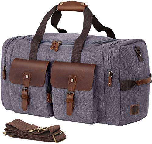 WOWBOX Duffle Bag Weekender Duffel Bag for Men and Women Genuine Leather Canvas Travel Overnight Carry on Bag with Shoes Compartment Grey