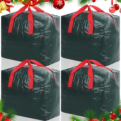 Xuniea 4 Pcs 18 Inch Holiday Ornaments Accessories Storage Bag Christmas Storage Containers Tearproof Xmas Gift Bag Organizer with Handles and Zipper for Decoration Wreath Moving Travelling(Green)