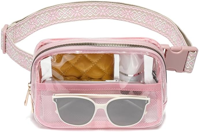 MEISEE Clear Belt Bag Clear fanny pack stadium approved for Women Men Clear Crossbody Bag Waist Bag for Concerts Sports Travelling Hiking Running-pink