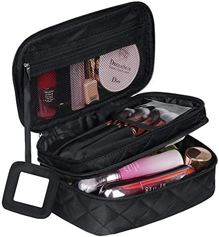 CGBOOM Makeup Bag Organizer, Portable Travel Toiletry Bag for Women, Large Capacity Double Layers Make up Bag With Brush Compartment and Handle, Black Cosmetic Bags for Women Travel Must Haves