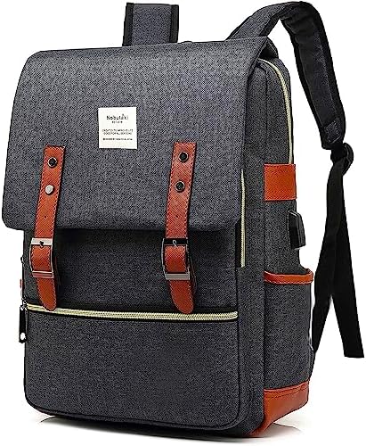 Vintage Laptop Backpack USB Port Water Resistant Travelling Casual Shoulder Bag Men Women Fits 15.6Inch Laptop (Grey)