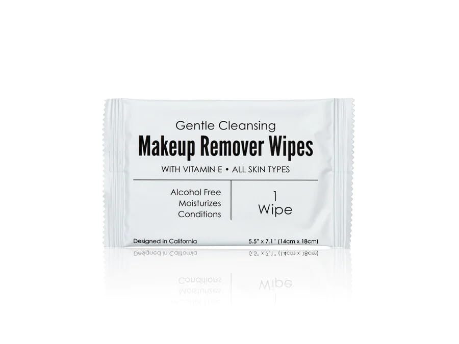 Bulk Makeup Remover Wipes | Individually Wrapped, Gentle Cleansing, Alcohol Free – All Skin Types – Vitamin E – 100% Recyclable, Hotel Travel Size Toiletries (25 Count)