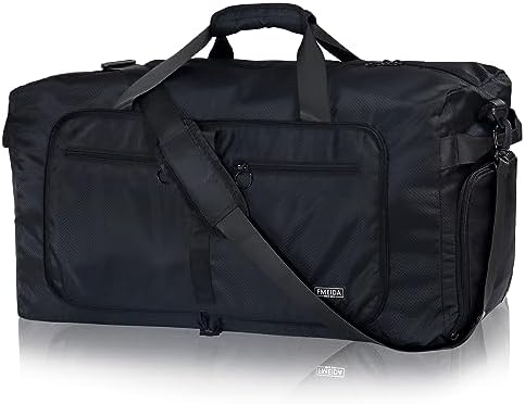 Fmeida 65L Duffle Bag with Shoes Compartment, Foldable Travel Duffel Bags for Men Women, Large Packable Travel Bag Water Repellent & Tear Resistant (Black)