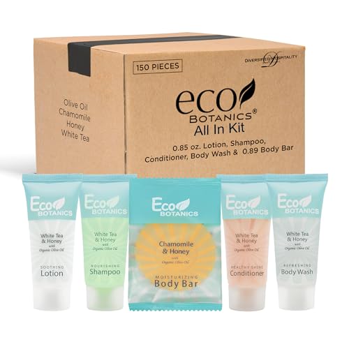 Eco Botanics Hotel Soaps and Toiletries Bulk Set | 1-Shoppe All-In-Kit Amenities for Hotels | 0.85oz Hotel Shampoo & Conditioner, Body Wash, Body Lotion & 0.89oz Bar Soap Travel Size | 150 Pieces