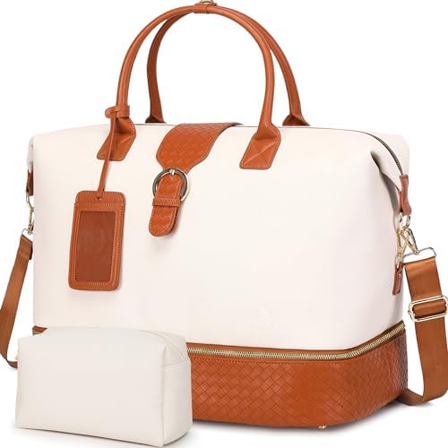 Travel Weekender Bags for Women, PU Leather Overnight Tote Duffle Bag with Shoe Compartment & Toiletry Bags