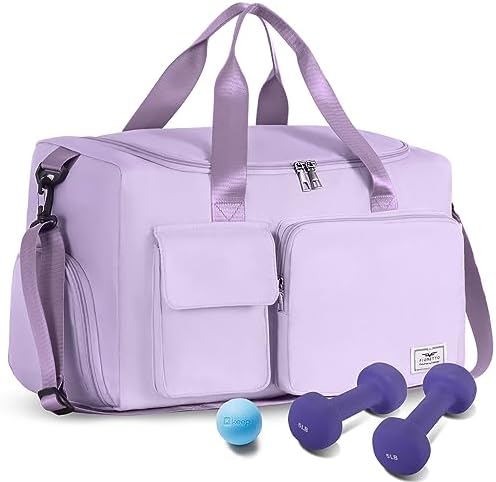 FIORETTO Sports Gym Duffle Bag with Shoes Compartment, Weekend Travel Overnight Bag for Women, Mens, Foldable Water Resistant Holdall Hospital Bag For Swimming, Basketball (Light Purple)