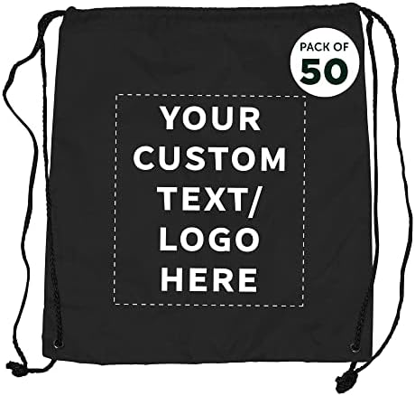 DISCOUNT PROMOS Custom Classic Polyester Drawstring Bags Set of 50, Personalized Bulk Pack – Bring Everywhere You Go, Great for Travelling, Gym and for Everyday Use – Black