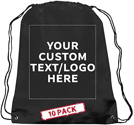 DISCOUNT PROMOS Custom Non-Woven Drawstring Backpacks Set of 10, Personalized Bulk Pack – Bring Everywhere You Go, Great for Travelling, Gym and for Everyday Use – Black