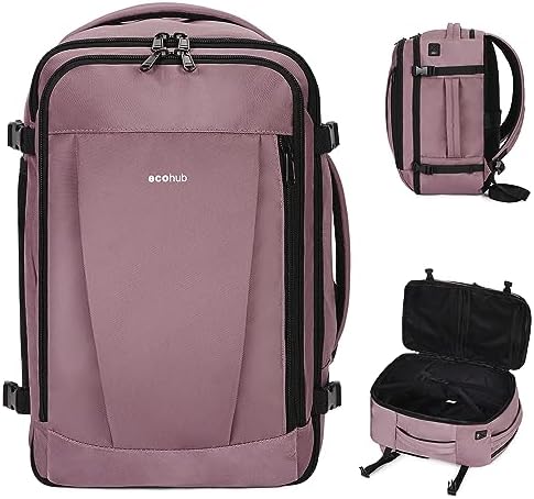 ECOHUB Travel Backpack 16” Personal Item Backpack with 13 Pockets Carry on Bags for Airplanes Travel bags for Women Men Airlines Approved Small Backpack with USB Port Casual Daypack Pink