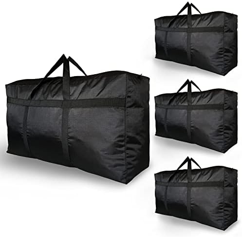 4-Pack XXL 600D Oxford Fabric Bags, Sturdy Foldable Waterproof Moving Tote Bag with Double Zippers and Reinforced Handles for Clothes Quilts,Jumbo Cargo Duffel Bag for Moving Packing Travelling(Black)