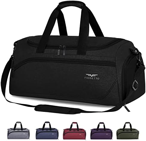 FIORETTO 35L Mens Sports Gym Duffle Bag with Wet Pocket & Shoe Compartment, Overnight Weekender Bag with Padded Shoulder Strap, Ideal for Travel, Gym, Sports, Swimming, Black