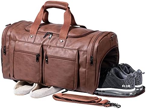 Travel Bag with Shoe Pouch,Weekender Overnight Bag Waterproof Leather Large Carry On Bag Travel Tote Duffel Bag