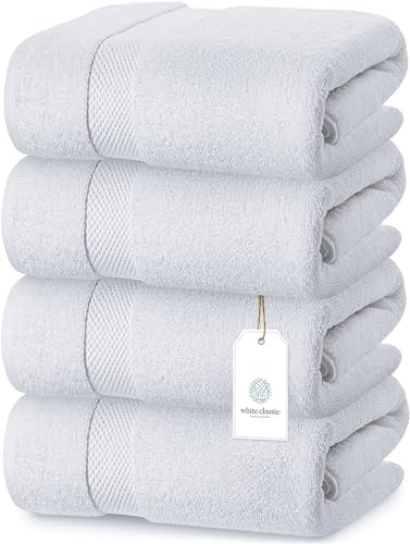 White Classic Luxury Bath Towels Set of 4 Large – 700 GSM Cotton Ultra Soft Bath Towels 27×54 | Highly Absorbent and Quick Dry | Hotel Towels for Bathroom Luxury, Plush Shower Towels, White