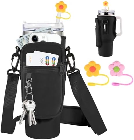 Water Bottle Carrier Bag with Phone Pocket for Stanley 40oz Tumbler with Handle,Water Bottle Holder with Adjustable Shoulder Strap,with 2 Straw Covers & Carabiner for Hiking Travelling(Black)