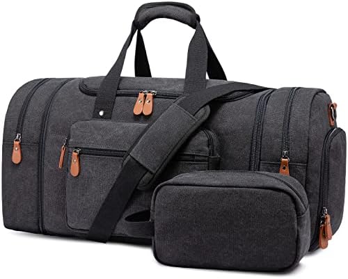 Sucipi Canvas Duffle Bag for Travel Overnight Carry on Bag with Shoe Compartment Weekender Duffel Bag with Toiletry Bag for Airplanes,Dark Grey