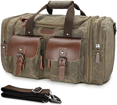 Wildroad Duffle Bag for Travel, 50L Waterproof Waxed Canvas Genuine Leather Weekender Overnight Bag Vintage Travel Hand Bag Carry on Bag