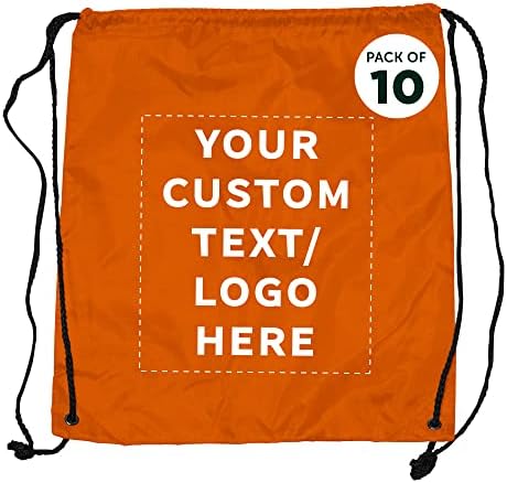 DISCOUNT PROMOS Custom Classic Polyester Drawstring Bags Set of 10, Personalized Bulk Pack – Bring Everywhere You Go, Great for Travelling, Gym and for Everyday Use – Orange