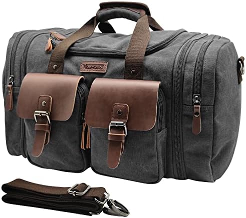 Wildroad 60L Travel Duffel Bag, Expandable Canvas Genuine Leather Duffle Bag Upgraded Overnight Weekender Bag Carry on Bag