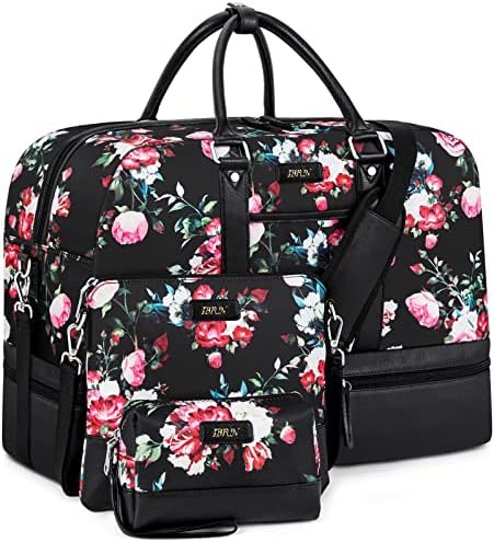 Weekender Bags for Women, Large Overnight Bag Canvas Travel Duffel Bag Carry On Tote with Shoe Compartment 21″ 3Pcs Set